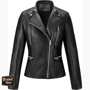 Faux Leather Motorcycle Jacket with Quilted Sleeves and Multi-Zipper Design